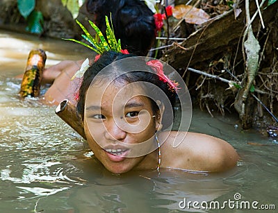 Women Mentawai tribe fishing. Editorial Stock Photo